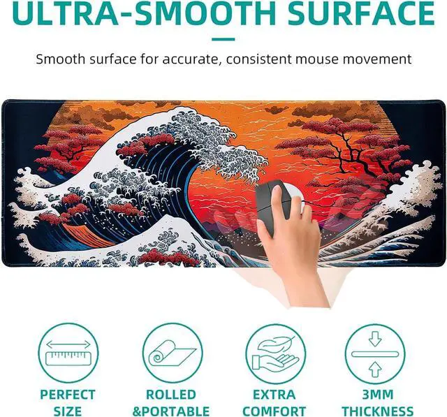 Alt view image 3 of 6 - Japanese Sea Waves Large Gaming Mouse Pad for Desk Desk Mat with Seamed Edges Waterproof Desk Pad Non-Slip Rubber Base 31.5x11.8 Inch Keyboard Pad Computer Mat Big XL Mousepad