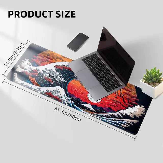 Alt view image 5 of 6 - Japanese Sea Waves Large Gaming Mouse Pad for Desk Desk Mat with Seamed Edges Waterproof Desk Pad Non-Slip Rubber Base 31.5x11.8 Inch Keyboard Pad Computer Mat Big XL Mousepad