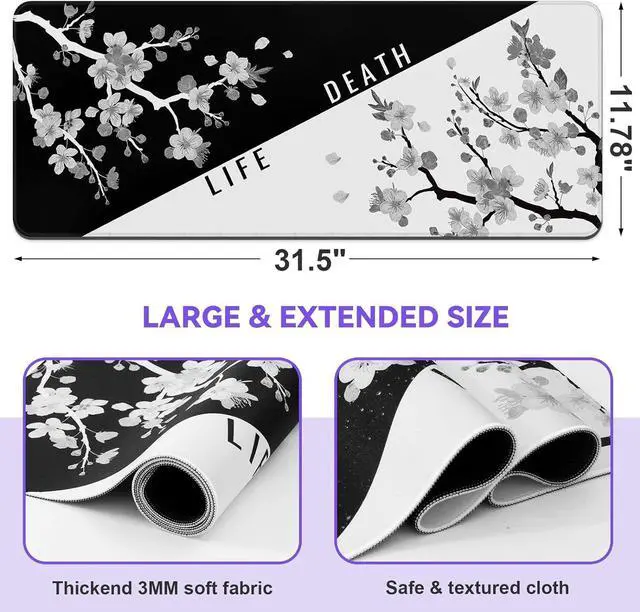 Alt view image 2 of 7 - Mouse Pad Gaming Keyboard Pad 31.5 x 11.8in Black White Cherry Blossom Anime Gaming Mouse Pad for Desk with Anti-Slip Rubber Base and Stitched Edges Japanese Life Death Keyboard Mat
