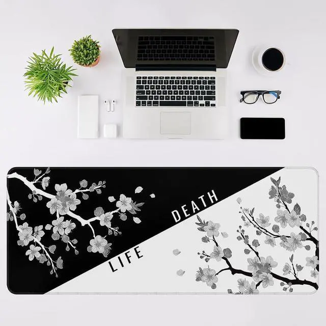 Alt view image 3 of 7 - Mouse Pad Gaming Keyboard Pad 31.5 x 11.8in Black White Cherry Blossom Anime Gaming Mouse Pad for Desk with Anti-Slip Rubber Base and Stitched Edges Japanese Life Death Keyboard Mat