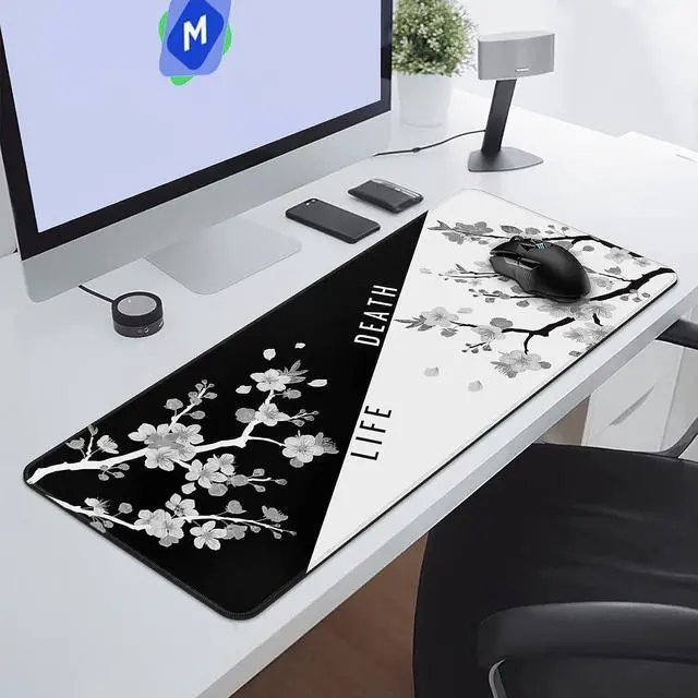 Alt view image 4 of 7 - Mouse Pad Gaming Keyboard Pad 31.5 x 11.8in Black White Cherry Blossom Anime Gaming Mouse Pad for Desk with Anti-Slip Rubber Base and Stitched Edges Japanese Life Death Keyboard Mat