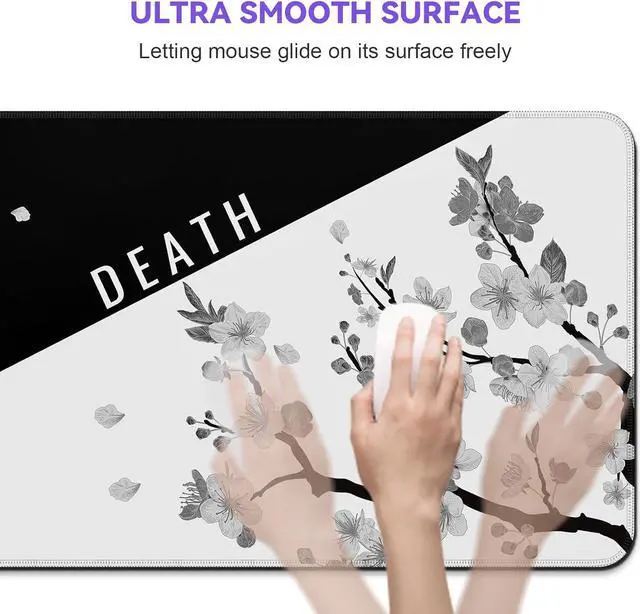 Alt view image 7 of 7 - Mouse Pad Gaming Keyboard Pad 31.5 x 11.8in Black White Cherry Blossom Anime Gaming Mouse Pad for Desk with Anti-Slip Rubber Base and Stitched Edges Japanese Life Death Keyboard Mat