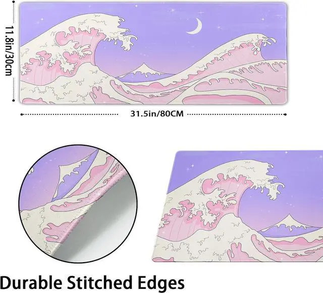 Alt view image 2 of 7 - Pink Purple Japanese Anime Gaming Mouse Pad XL Cute Kawaii Aesthetic Sea Wave Extended Large Desk Mat Non-Slip Rubber Base Stitched Edge Long Keyboard Mousepad for PC Computer Laptop 31.511.8 in