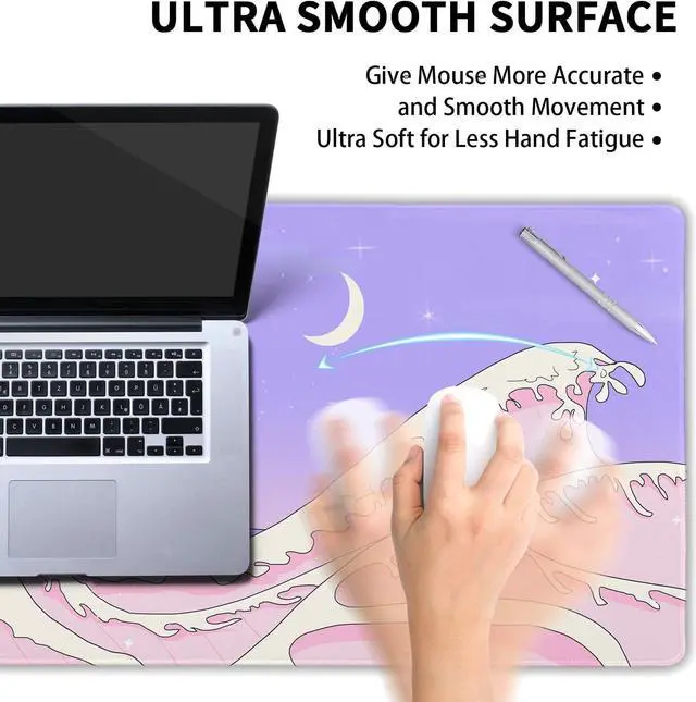 Alt view image 4 of 7 - Pink Purple Japanese Anime Gaming Mouse Pad XL Cute Kawaii Aesthetic Sea Wave Extended Large Desk Mat Non-Slip Rubber Base Stitched Edge Long Keyboard Mousepad for PC Computer Laptop 31.511.8 in