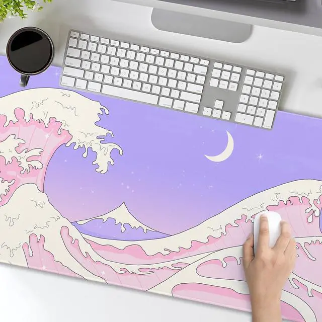 Alt view image 5 of 7 - Pink Purple Japanese Anime Gaming Mouse Pad XL Cute Kawaii Aesthetic Sea Wave Extended Large Desk Mat Non-Slip Rubber Base Stitched Edge Long Keyboard Mousepad for PC Computer Laptop 31.511.8 in