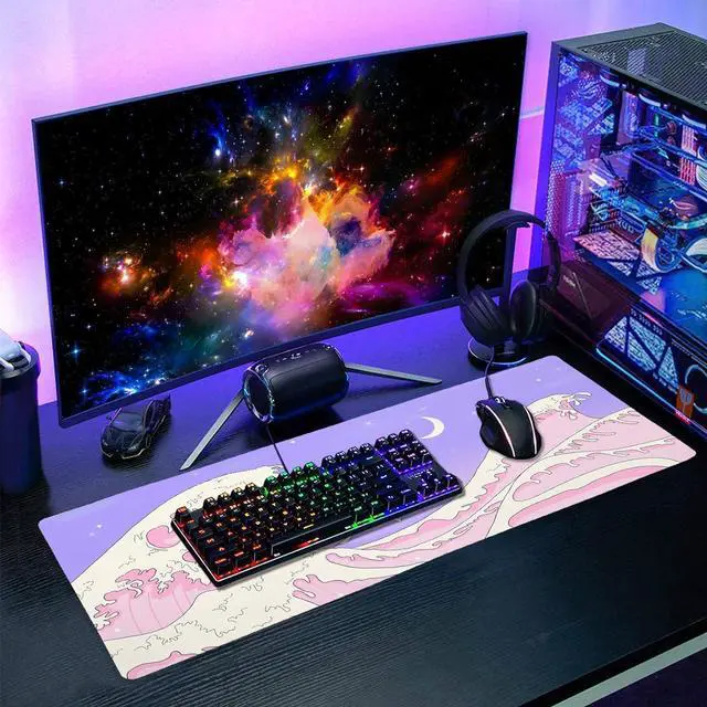 Alt view image 7 of 7 - Pink Purple Japanese Anime Gaming Mouse Pad XL Cute Kawaii Aesthetic Sea Wave Extended Large Desk Mat Non-Slip Rubber Base Stitched Edge Long Keyboard Mousepad for PC Computer Laptop 31.511.8 in