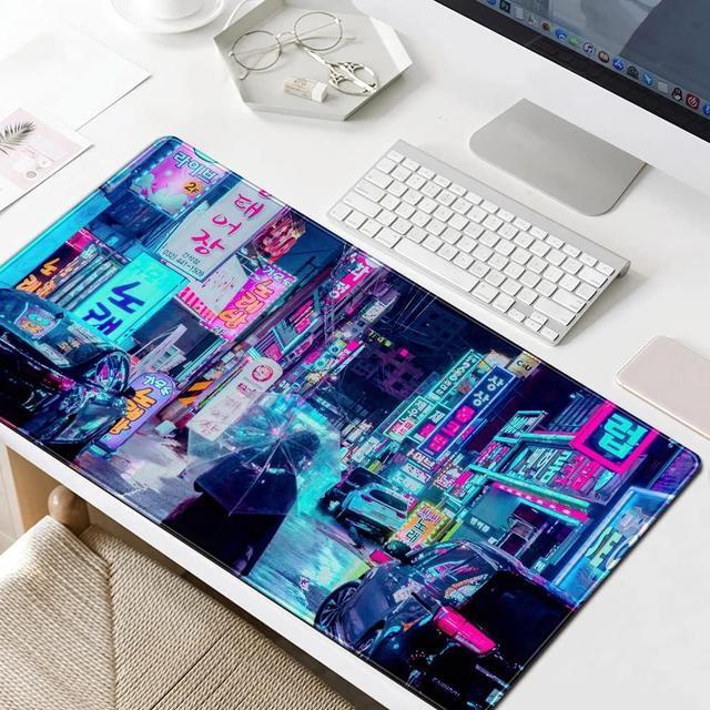 Alt view image 2 of 7 - Purple Seoul Neon Desk Mat Street Pixel Art Purple Japanese Mouse Pads Anime Skyline City Desk Mat for Desktop Pad XXL Gaming Mouse Pad for Computer Office Keyboard Laptop Pad 31.5 X 15.7 in