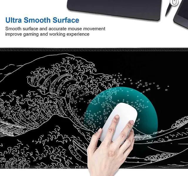 Alt view image 4 of 6 - Japanese Great Wave Large Mouse Pad (35.4x15.7 in) Black Gaming Mouse Pad Anime XXL Extended Kanagawa Mouse Mat Desk Pad Non-Slip Rubber Base Long Computer Mice Pad