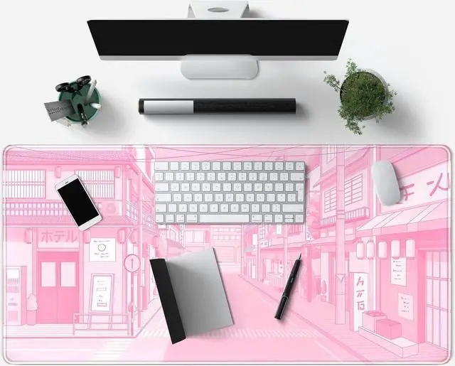 Alt view image 3 of 7 - Pink Desk Mat Tokyo Street Desk Mat Anime Japanese Mouse Pad XL Kawaii Large Gaming Mousepad XXL Cute Desktop Mat Laptop Keyboard Mouse Mat Desk Pad Big 31.5x15.7 in with Stitched Edges Non-Slip