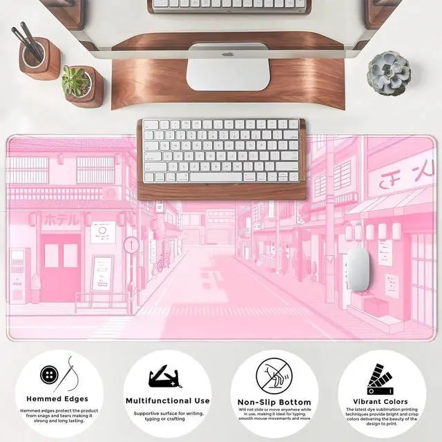 Alt view image 5 of 7 - Pink Desk Mat Tokyo Street Desk Mat Anime Japanese Mouse Pad XL Kawaii Large Gaming Mousepad XXL Cute Desktop Mat Laptop Keyboard Mouse Mat Desk Pad Big 31.5x15.7 in with Stitched Edges Non-Slip