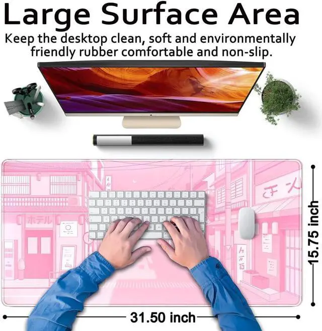 Alt view image 6 of 7 - Pink Desk Mat Tokyo Street Desk Mat Anime Japanese Mouse Pad XL Kawaii Large Gaming Mousepad XXL Cute Desktop Mat Laptop Keyboard Mouse Mat Desk Pad Big 31.5x15.7 in with Stitched Edges Non-Slip