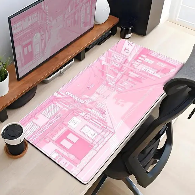 Alt view image 4 of 7 - Pink Desk Mat Tokyo Street Desk Mat Anime Japanese Mouse Pad XL Kawaii Large Gaming Mousepad XXL Cute Desktop Mat Laptop Keyboard Mouse Mat Desk Pad Big 31.5x15.7 in with Stitched Edges Non-Slip
