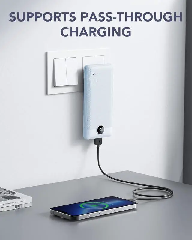 Alt view image 2 of 7 - VRURC Portable Charger Built-in Cables and AC Wall Plug, USB C Power Bank 10000mAh, Travel Essentials Phone Charger Compact Lightweight External Battery Pack for Smart Phones, Tablets etc-Blue