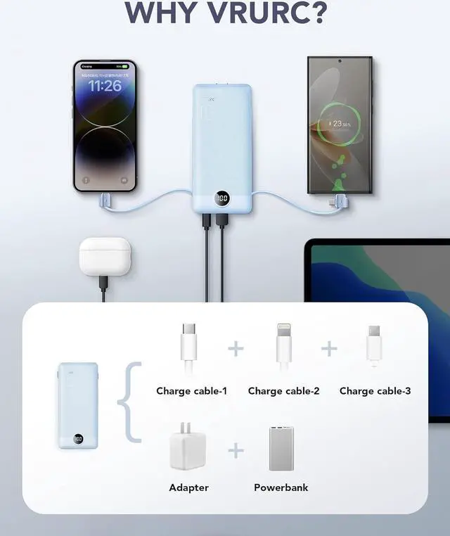 Alt view image 4 of 7 - VRURC Portable Charger Built-in Cables and AC Wall Plug, USB C Power Bank 10000mAh, Travel Essentials Phone Charger Compact Lightweight External Battery Pack for Smart Phones, Tablets etc-Blue