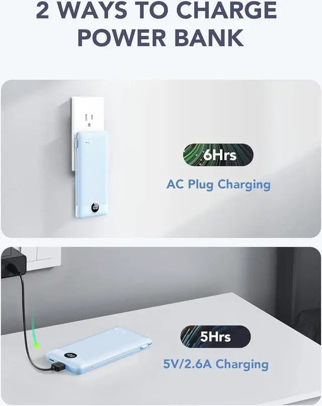 Alt view image 5 of 7 - VRURC Portable Charger Built-in Cables and AC Wall Plug, USB C Power Bank 10000mAh, Travel Essentials Phone Charger Compact Lightweight External Battery Pack for Smart Phones, Tablets etc-Blue