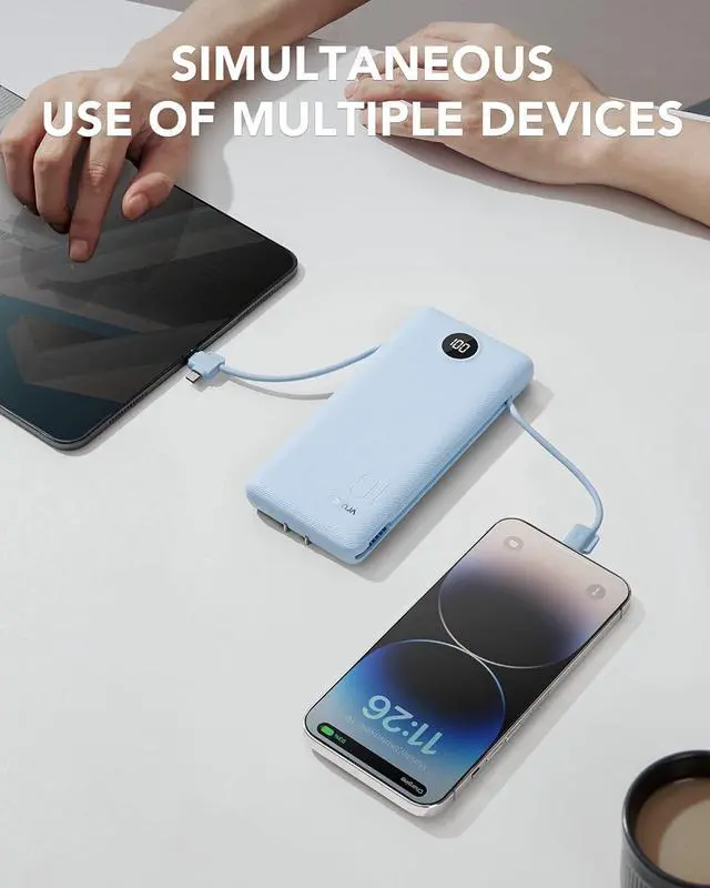 Alt view image 7 of 7 - VRURC Portable Charger Built-in Cables and AC Wall Plug, USB C Power Bank 10000mAh, Travel Essentials Phone Charger Compact Lightweight External Battery Pack for Smart Phones, Tablets etc-Blue