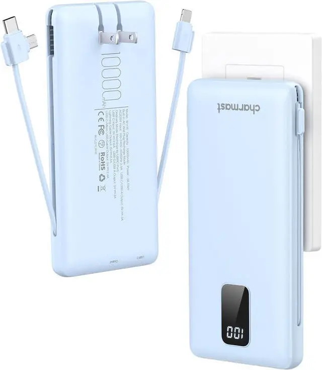 Main image of Charmast Portable Charger with Built-in Cables & Wall Plug, 10000mAh Portable Power Bank, External Battery Pack Travel Essentials Compatible with iPhone 16/15/14/13, Samsung, iPad etc