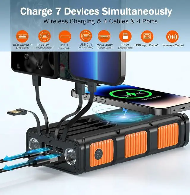 Alt view image 2 of 7 - GOODaaa Power Bank Wireless Charger 45800mAh Built in Hand Crank and 4 Cables 15W Fast Charging Power Bank 7 Outputs & 4 Inputs Solar Portable Charger, SOS/Strobe/Strong Flashlights, Compass