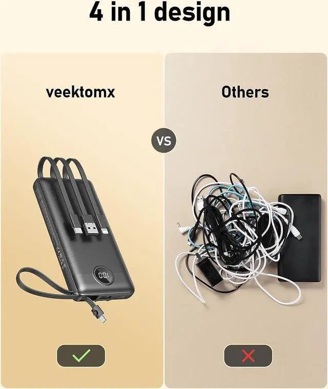 Alt view image 3 of 7 - VEEKTOMX Portable Charger with Built-in Cables 10000mAh Power Bank for iPhone Slim Fast Charge USB C Battery Pack Travel Essentials Powerbank Compatible with iPhone, Samsung, Android, etc
