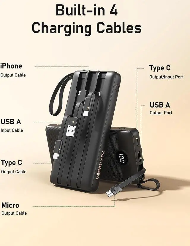 Alt view image 2 of 7 - VEEKTOMX Portable Charger with Built-in Cables 10000mAh Power Bank for iPhone Slim Fast Charge USB C Battery Pack Travel Essentials Powerbank Compatible with iPhone, Samsung, Android, etc