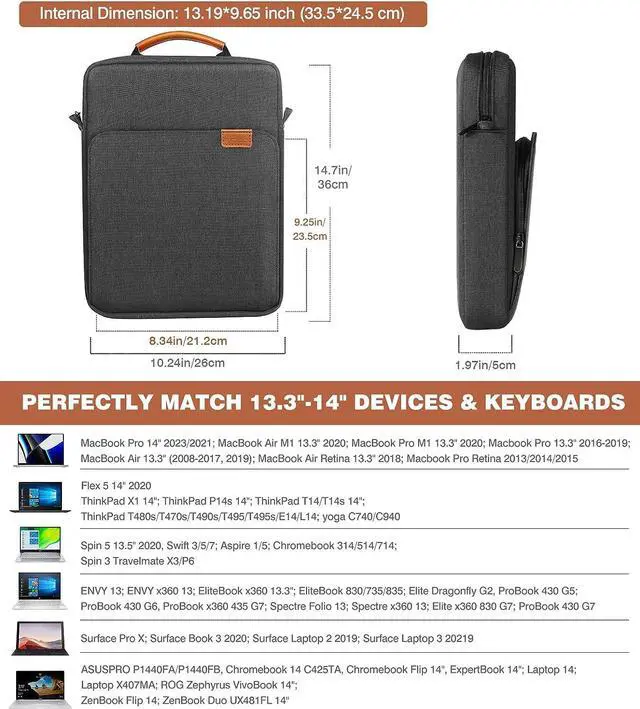 Alt view image 2 of 7 - 13.3-14 Inch Laptop Sleeve Bag Fits MacBook Pro M3/M2 14 2023 MacBook Pro 13 M2 New MacBook Air 13.6 M3/M2 2024/2022 Tab S8 Ultra 14.6 Handle Carrying Case with Shoulder Strap Black & Gray