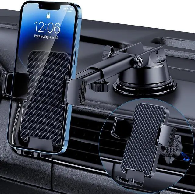 Main image of Phone Holder Car [Military Grade Suction Ultra Strong Base] Cell Phone Car Holder 3 in 1 Phone Mount for Car Dashboard Windshield Air Vent Hands-Free Car Phone Holders for iPhone Android Phones