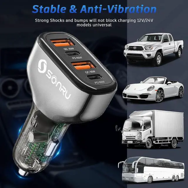 Alt view image 5 of 7 - 120W USB C Car Charger, SONRU 4 Ports Cigarette Lighter USB Car Charger Adapter, [2 PD 60W+2 QC3.0 30W] Fast Charging for iPhone 16 Pro Max Galaxy S23/22 Google Pixel LG iPad Air