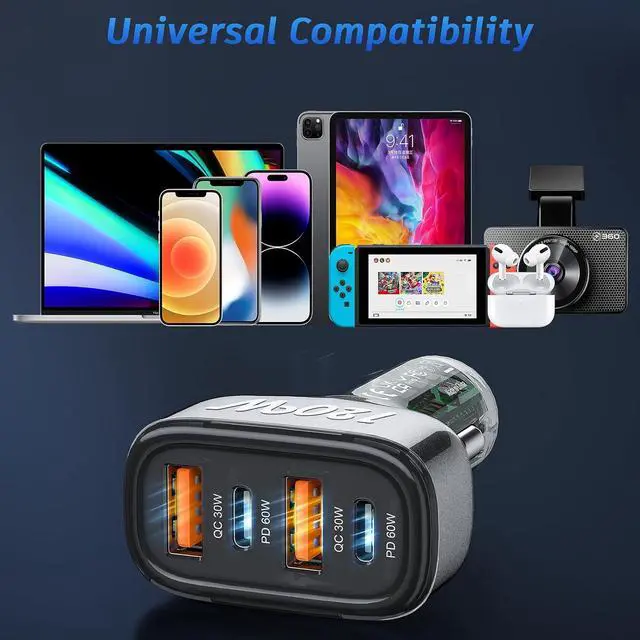 Alt view image 7 of 7 - 120W USB C Car Charger, SONRU 4 Ports Cigarette Lighter USB Car Charger Adapter, [2 PD 60W+2 QC3.0 30W] Fast Charging for iPhone 16 Pro Max Galaxy S23/22 Google Pixel LG iPad Air