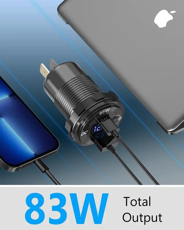 Alt view image 2 of 7 - Qidoe Aluminum 12V USB Laptop Charger Socket with 65W PD USB-C, 18W QC3.0 Car USB Port and Digital Voltmeter Smart Boost 12V Socket for Car, RV, Marine, Boat, Moto