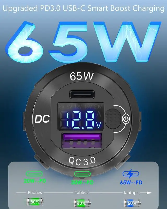 Alt view image 3 of 7 - Qidoe Aluminum 12V USB Laptop Charger Socket with 65W PD USB-C, 18W QC3.0 Car USB Port and Digital Voltmeter Smart Boost 12V Socket for Car, RV, Marine, Boat, Moto