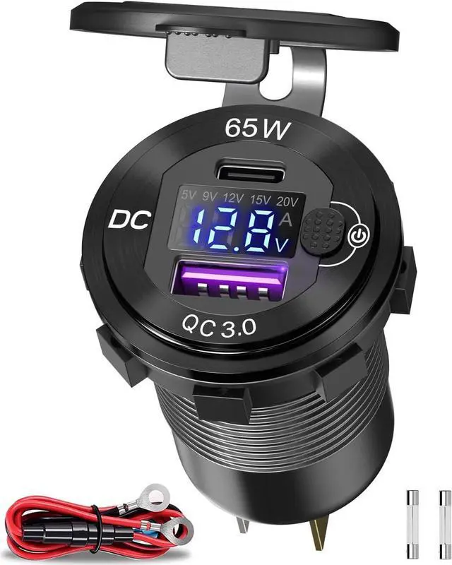 Main image of Qidoe Aluminum 12V USB Laptop Charger Socket with 65W PD USB-C, 18W QC3.0 Car USB Port and Digital Voltmeter Smart Boost 12V Socket for Car, RV, Marine, Boat, Moto