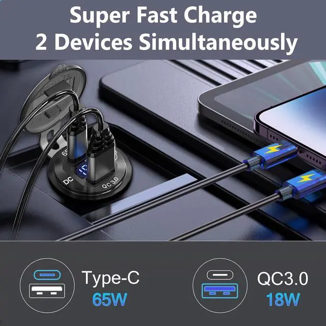 Alt view image 6 of 7 - Qidoe Aluminum 12V USB Laptop Charger Socket with 65W PD USB-C, 18W QC3.0 Car USB Port and Digital Voltmeter Smart Boost 12V Socket for Car, RV, Marine, Boat, Moto