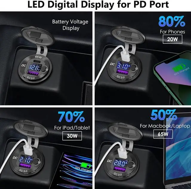 Alt view image 5 of 7 - Qidoe Aluminum 12V USB Laptop Charger Socket with 65W PD USB-C, 18W QC3.0 Car USB Port and Digital Voltmeter Smart Boost 12V Socket for Car, RV, Marine, Boat, Moto