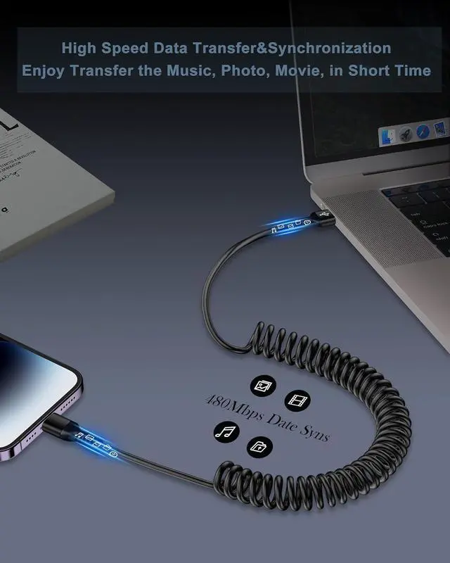 Alt view image 5 of 7 - Coiled Lightning Cable Apple Carplay iPhone Charger Cord for Car Retractable USB Lightening Wire Fast Charging for iPhone 14 Pro Max 14 Plus 13 12 Pro Max Mini 11 XR XS 8 iPad Auto Car Charger Cord