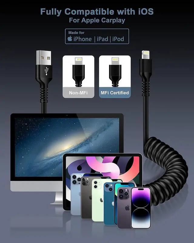 Alt view image 7 of 7 - Coiled Lightning Cable Apple Carplay iPhone Charger Cord for Car Retractable USB Lightening Wire Fast Charging for iPhone 14 Pro Max 14 Plus 13 12 Pro Max Mini 11 XR XS 8 iPad Auto Car Charger Cord