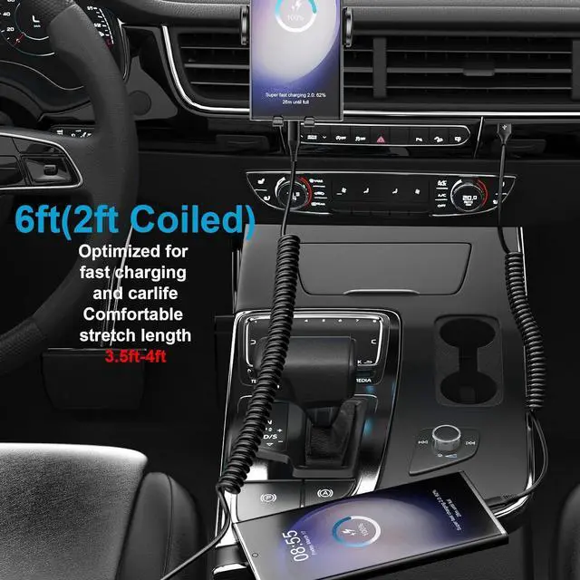 Alt view image 3 of 7 - Coiled USB C Cable 6FT Retractable USB C Charger Cable for Car Fast Charging Android Type C Cord for Samsung Galaxy A54 S23 A24 A14 A13 5G Z Flip5 Flip4 Fold5 4 A23 A53 S22 S21 S10 Pixel 7a 7 6 Pro