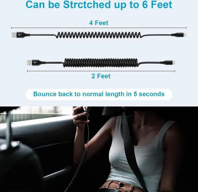 Alt view image 6 of 7 - Coiled USB C Cable 6FT Retractable USB C Charger Cable for Car Fast Charging Android Type C Cord for Samsung Galaxy A54 S23 A24 A14 A13 5G Z Flip5 Flip4 Fold5 4 A23 A53 S22 S21 S10 Pixel 7a 7 6 Pro