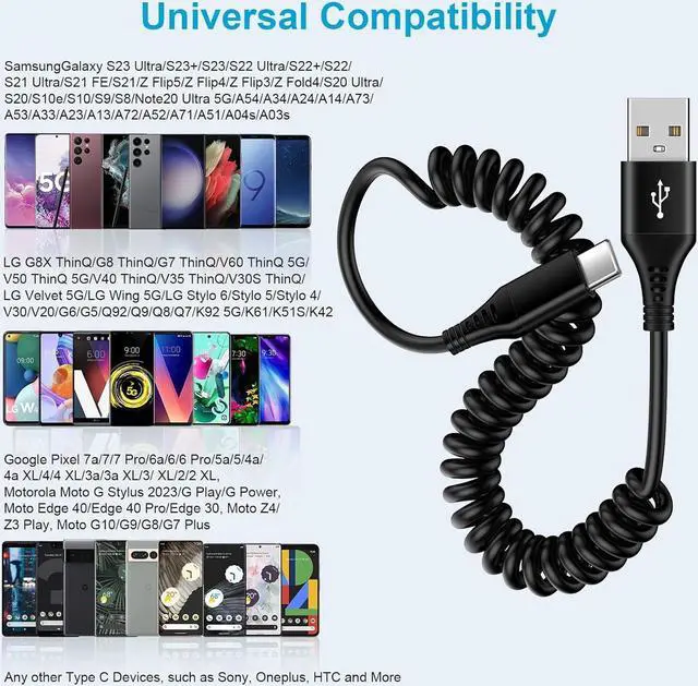 Alt view image 7 of 7 - Coiled USB C Cable 6FT Retractable USB C Charger Cable for Car Fast Charging Android Type C Cord for Samsung Galaxy A54 S23 A24 A14 A13 5G Z Flip5 Flip4 Fold5 4 A23 A53 S22 S21 S10 Pixel 7a 7 6 Pro