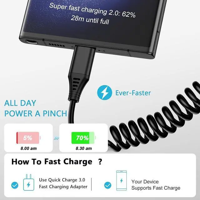 Alt view image 2 of 7 - Android Auto Charger Type C Coiled USB C Cable for Car Samsung Charger Fast Charging Cord 6FT 2Pack for Samsung Galaxy A14 5G A54 S23 S22 S21 S20 S10 S9 S8 A53 A23 A13 A03S A32 Z Flip 5 4 Z Fold 5 4