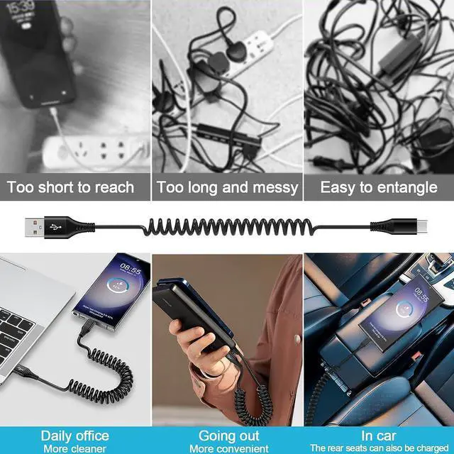 Alt view image 7 of 7 - Android Auto Charger Type C Coiled USB C Cable for Car Samsung Charger Fast Charging Cord 6FT 2Pack for Samsung Galaxy A14 5G A54 S23 S22 S21 S20 S10 S9 S8 A53 A23 A13 A03S A32 Z Flip 5 4 Z Fold 5 4