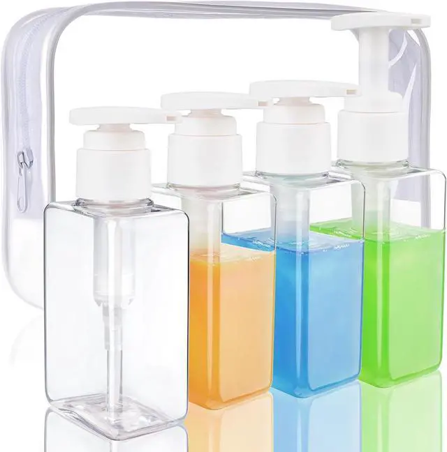 Main image of Travel Bottles Travel Accessories Toiletries 4 Pack 3.7oz/110ml Travel Shampoo And Conditioner Bottles Empty Plastic Pump Bottle Dispenser Travel Size Bottles (4blank clear)