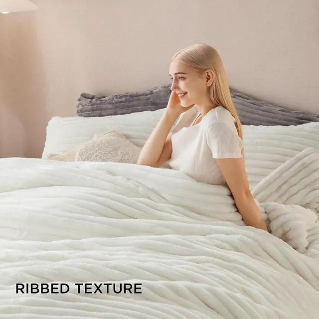 Alt view image 4 of 7 - Fluffy Comforter Set Queen - Super Soft Faux Fur Comforter Queen Size White ?Winter Warm Fleece Bedding Set Plush Fuzzy Bed Set 3 Pieces 1 Shaggy Comforter with 2 Pillowcases