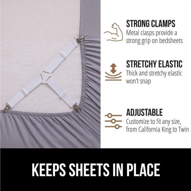 Alt view image 4 of 7 - Bed Sheet Straps Adjustable Elastic Fasteners with Metal Clips Keep in Place Fitted Bedding Holder Easy Install Suspenders Mattresses Firm Tight Accessories 4 Pack White