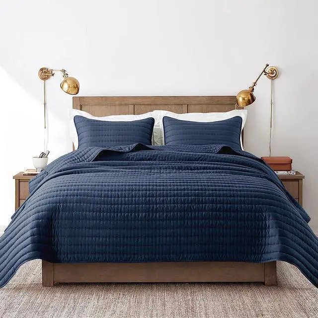 Alt view image 2 of 7 - Navy Blue Queen Size Quilt Bedding Sets with Pillow Shams Mustard Full Lightweight Soft Bedspread Coverlet Quilted Blanket Thin Comforter Bed Cover for All Season 3 Pieces 90x90 inches