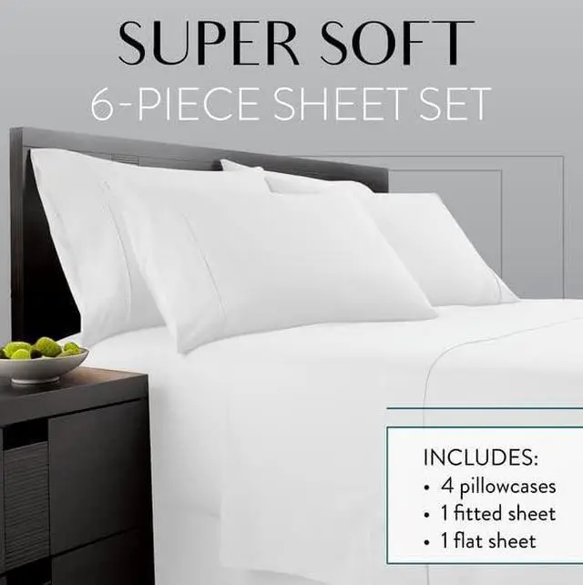 Alt view image 2 of 7 - King Size Sheets Set - 6 Piece Set Including 4 Pillowcases - Deep Pockets - Breathable Soft Bed Sheets - Wrinkle Free - Machine Washable - White King Bed Sheets - 6 pc