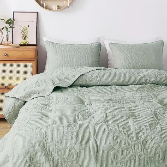 Alt view image 3 of 7 - Damask Quilt Queen Size Bedding Sets with Pillow Shams Boho Lightweight Soft Bedspread Coverlet Sage Green Quilted Blanket Thin Comforter Bed Cover for All Season 3 Pieces 90x90 inches