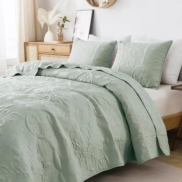 Alt view image 4 of 7 - Damask Quilt Queen Size Bedding Sets with Pillow Shams Boho Lightweight Soft Bedspread Coverlet Sage Green Quilted Blanket Thin Comforter Bed Cover for All Season 3 Pieces 90x90 inches