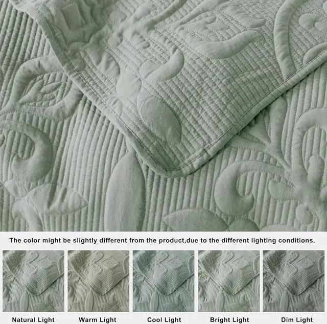 Alt view image 5 of 7 - Damask Quilt Queen Size Bedding Sets with Pillow Shams Boho Lightweight Soft Bedspread Coverlet Sage Green Quilted Blanket Thin Comforter Bed Cover for All Season 3 Pieces 90x90 inches
