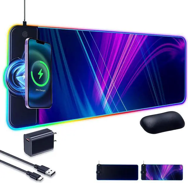 Main image of Gaming Mouse Pad 15W Wireless Charging RGB LED Large Ergonomic Mousepad Gaming with Wrist Support 31.88 12.2 Desk mat/Keyboard pad (Colorful(18W Charger Included))