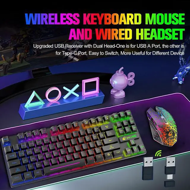 Alt view image 2 of 7 - Wireless Gaming Keyboard and Mouse Combo with 87 Key Rainbow LED Backlight Rechargeable 3800mAh Battery Mechanical Feel Anti-ghosting Ergonomic Waterproof RGB Mute Mice for Computer PC Gamer (Black)